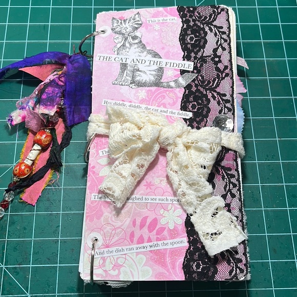 Pink "Hey Diddle Diddle" Junk Journal with Gems and Black Lace Trim - Picture 3 of 12
